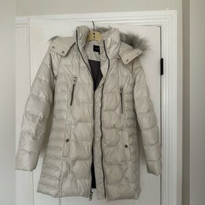 Marc New York Cream Down Long Puffer Jacket with Faux Fur Trim Zip Off Hood XS